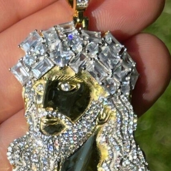 Iced Out 10 carat Moissanite Jesus Peice Baguette Pendant - 14k Yellow ovr 925 S - Picture 5 of 10